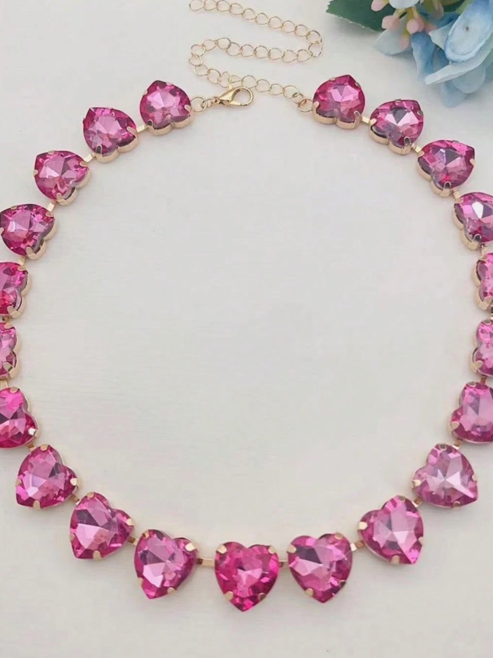 Gold Tone AB Pink Heart Rhinestone Statement necklace - Picture 2 of 3